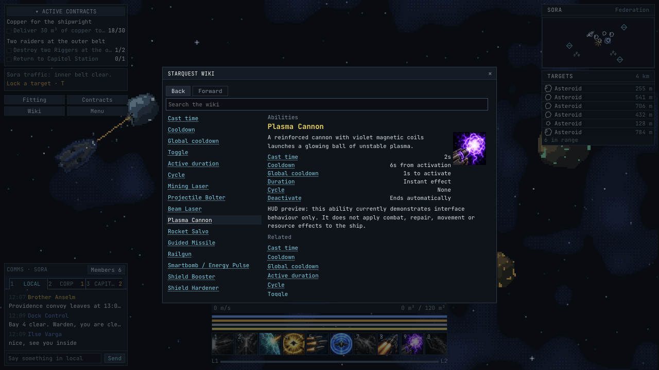 The in-game wiki open on the plasma cannon article, with search, timings and related links