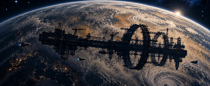 Earth in its last decades, under haze and storms, with the skeleton of an ark in orbit