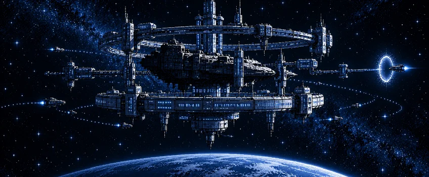 A station grown around an old ark, and a survey ship leaving through a warp ring