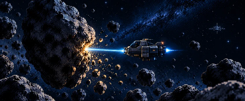 A small mining ship cutting ore from an asteroid